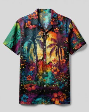 Front view of the Find Me Where The Music Meets The Ocean shirt, featuring vibrant colors and floral designs.