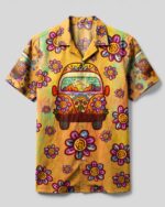 Front view of the hippie bus floral camp shirt featuring vibrant colors and floral designs.