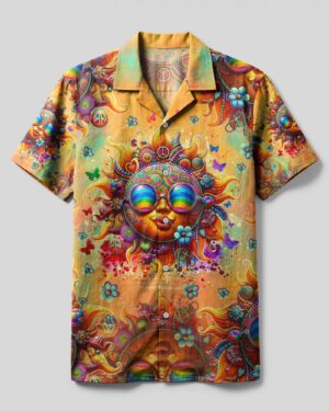 Front view of the Be You sun camp shirt showcasing vibrant sun graphics and colorful details.