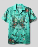 Front view of the angel wings camp shirt in teal, featuring vibrant floral and butterfly designs.