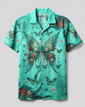 Front view of the angel wings camp shirt in teal, featuring vibrant floral and butterfly designs.