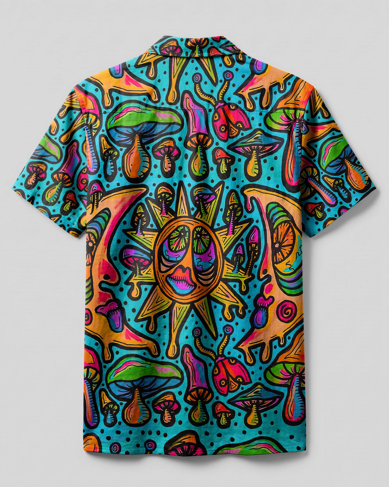 Sun Moon Mushroom Camp Shirt Back view of the sun moon mushroom camp shirt showcasing the playful mushroom pattern on a bright blue background.