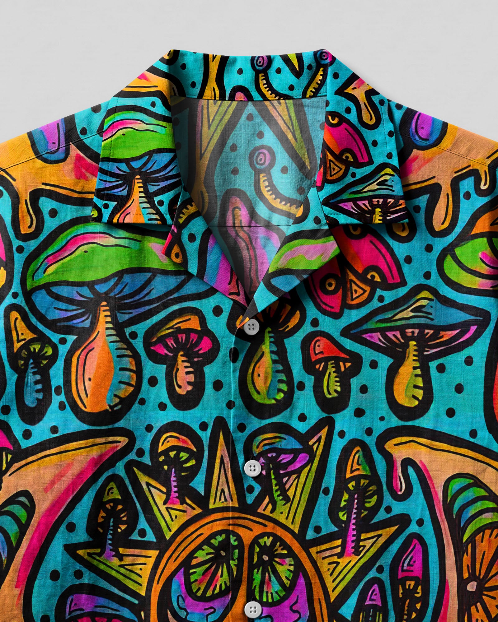 Sun Moon Mushroom Camp Shirt Close-up detail of the sun moon mushroom camp shirt highlighting the intricate designs of mushrooms and sun motifs.