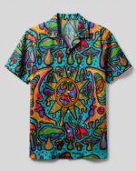 Front view of the vibrant sun moon mushroom camp shirt featuring colorful mushrooms and sun design.