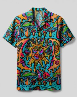 Front view of the vibrant sun moon mushroom camp shirt featuring colorful mushrooms and sun design.