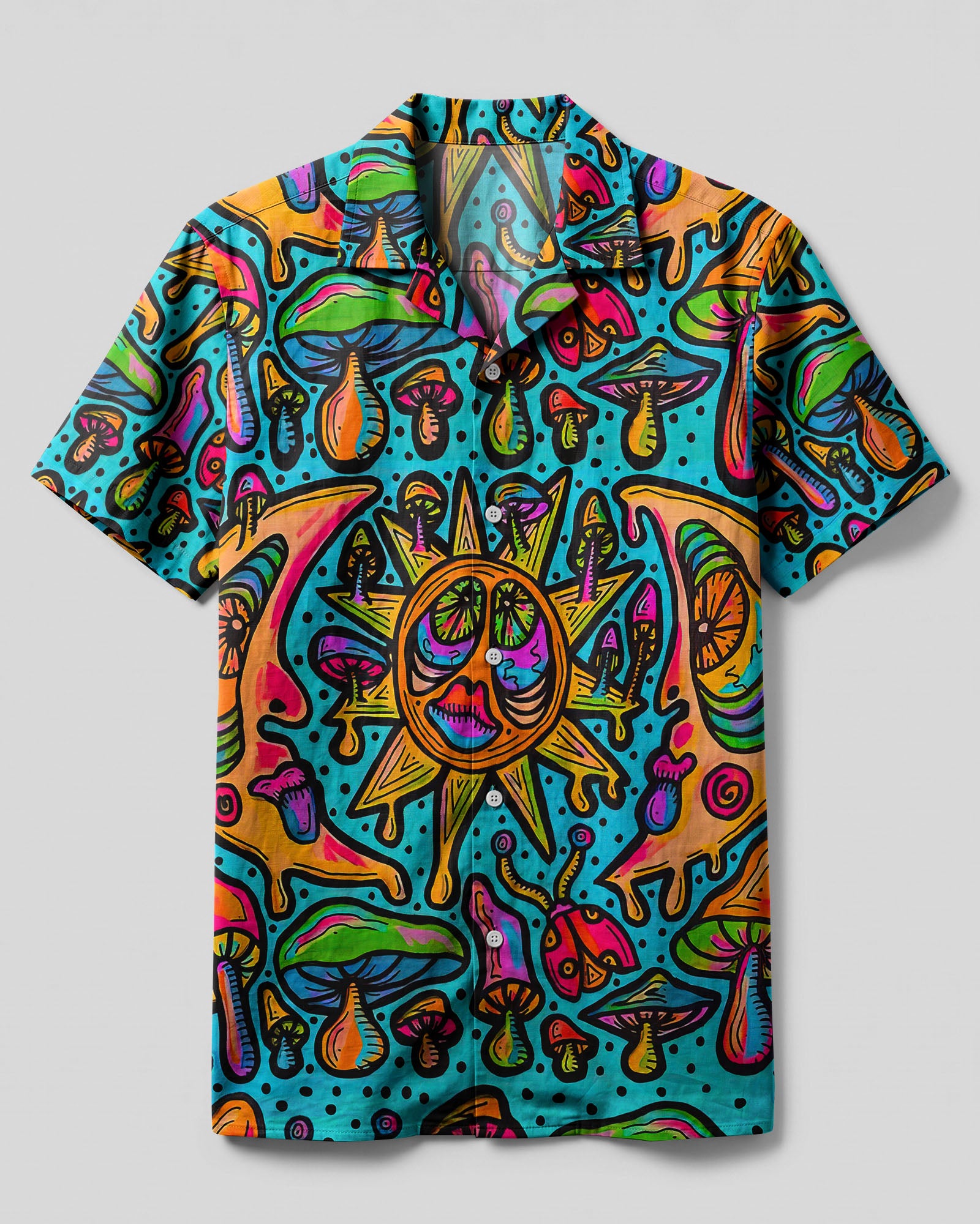 Sun Moon Mushroom Camp Shirt Front view of the vibrant sun moon mushroom camp shirt featuring colorful mushrooms and sun design.
