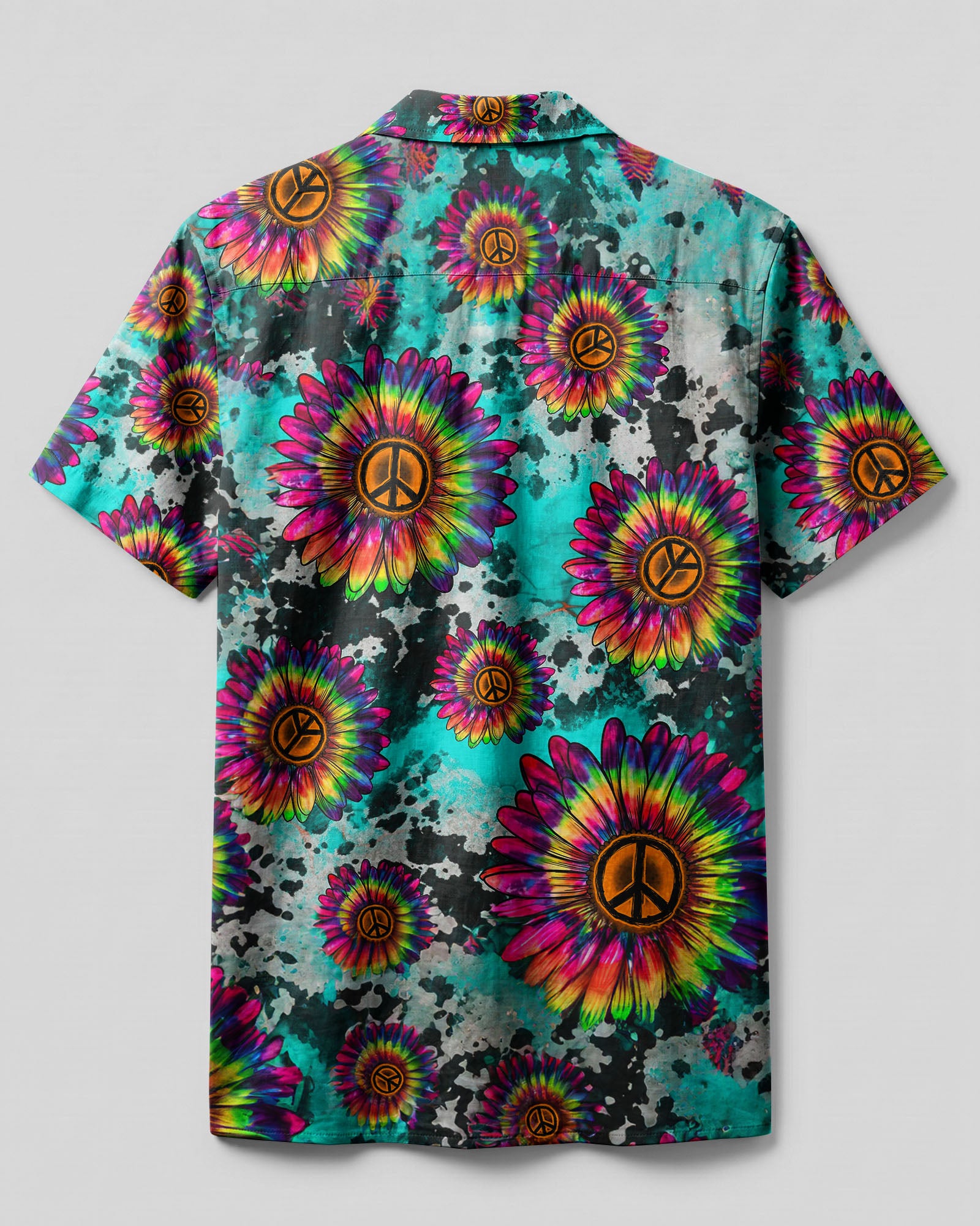 Sunflower Tie Dye Peace Camp Shirt Back view of the sunflower tie dye peace camp shirt showcasing colorful peace symbols and floral patterns.