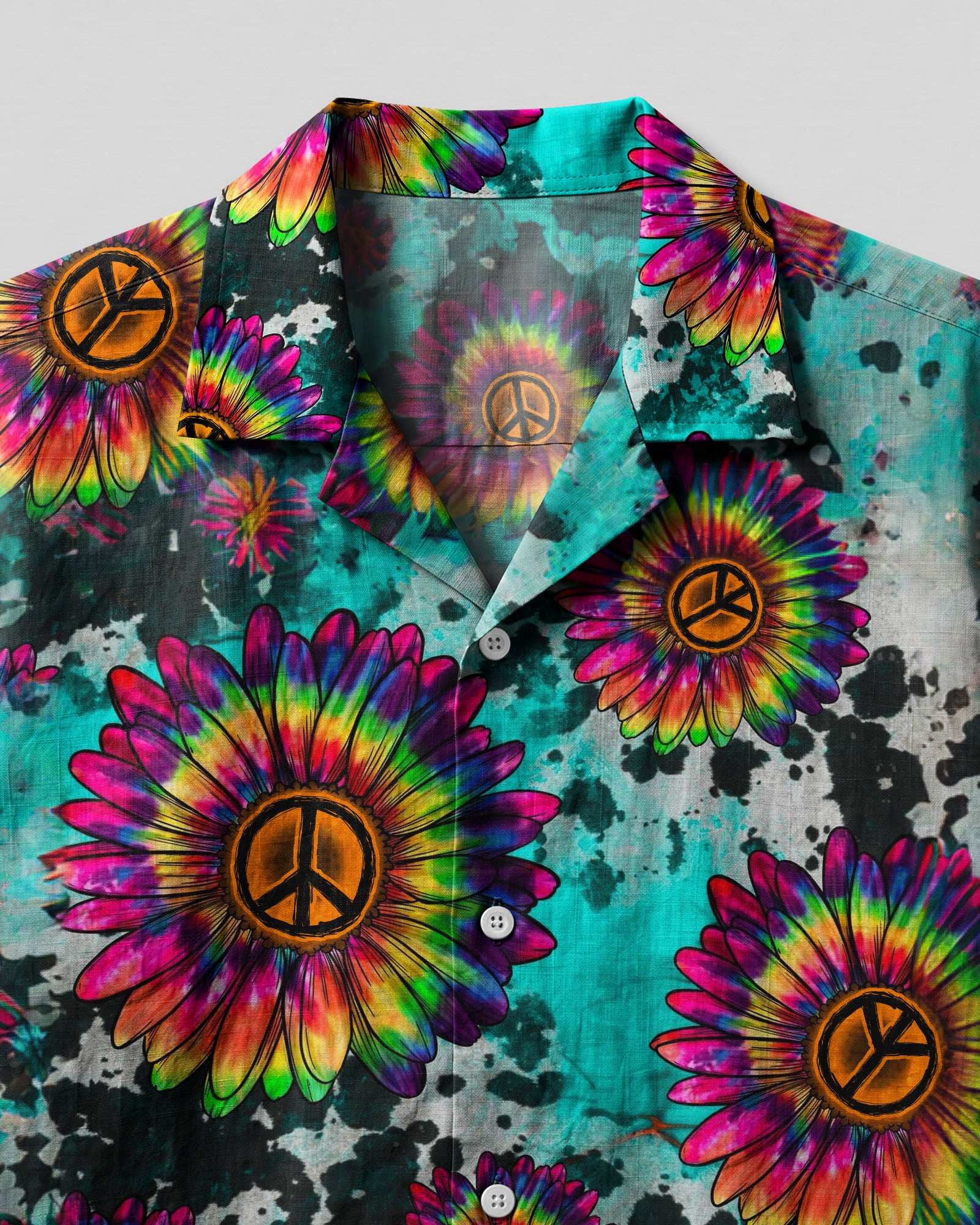 Sunflower Tie Dye Peace Camp Shirt Close-up detail of the sunflower tie dye peace camp shirt highlighting the intricate tie dye design and button closure.