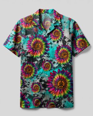 Front view of the sunflower tie dye peace camp shirt featuring vibrant flowers on a teal background.