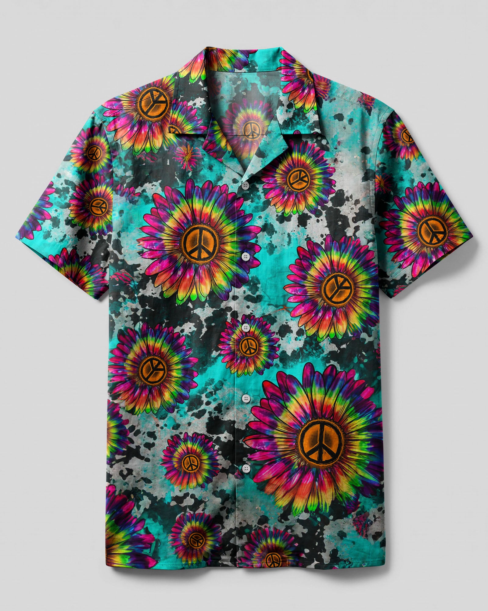 Sunflower Tie Dye Peace Camp Shirt Front view of the sunflower tie dye peace camp shirt featuring vibrant flowers on a teal background.