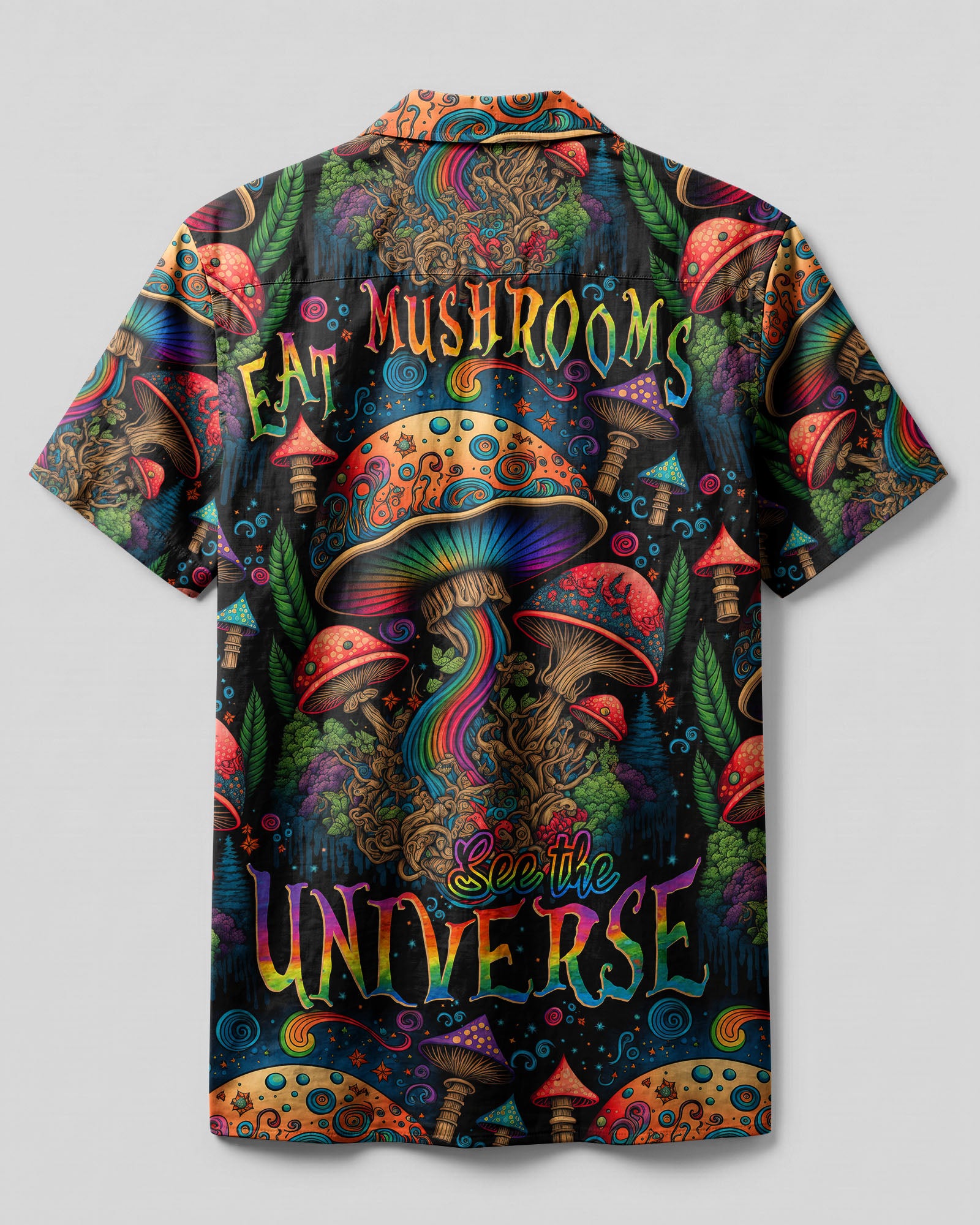 Mushrooms See The Universe Camp Shirt Back view of the mushrooms see the universe camp shirt, showcasing intricate patterns and rich, colorful details.
