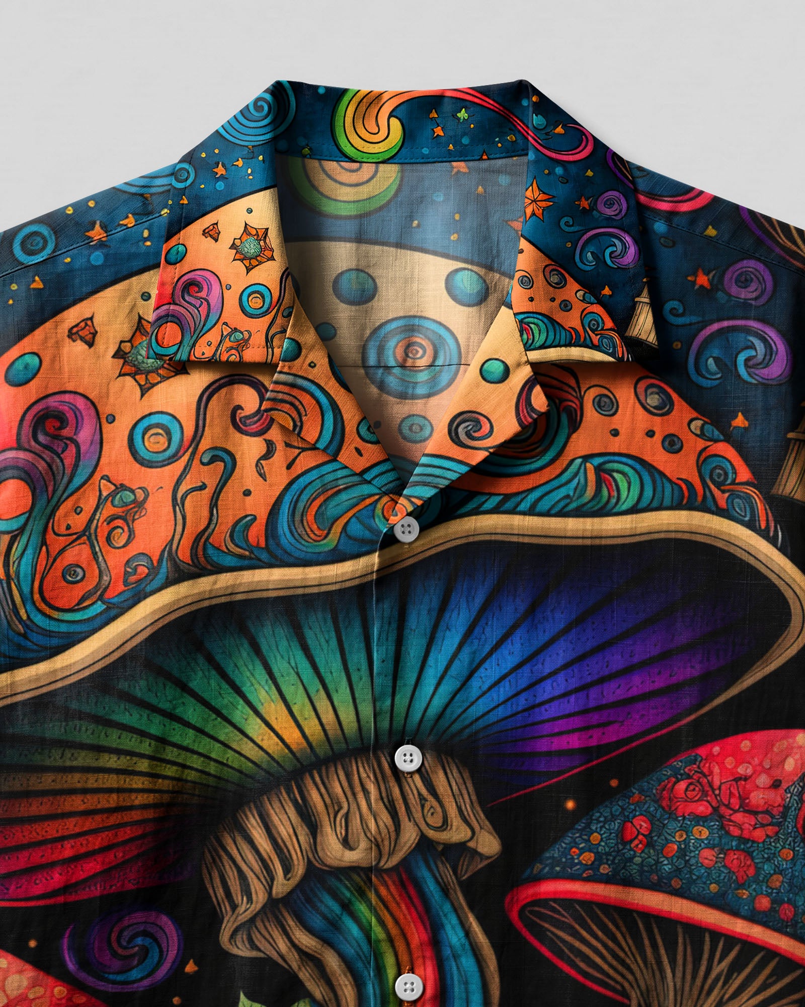 Mushrooms See The Universe Camp Shirt Close-up detail of the mushrooms see the universe camp shirt, highlighting the vivid mushroom art and swirling designs.