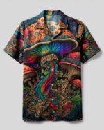 Front view of the mushrooms see the universe camp shirt, featuring vibrant colors and psychedelic mushroom designs.