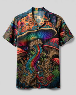 Front view of the mushrooms see the universe camp shirt, featuring vibrant colors and psychedelic mushroom designs.