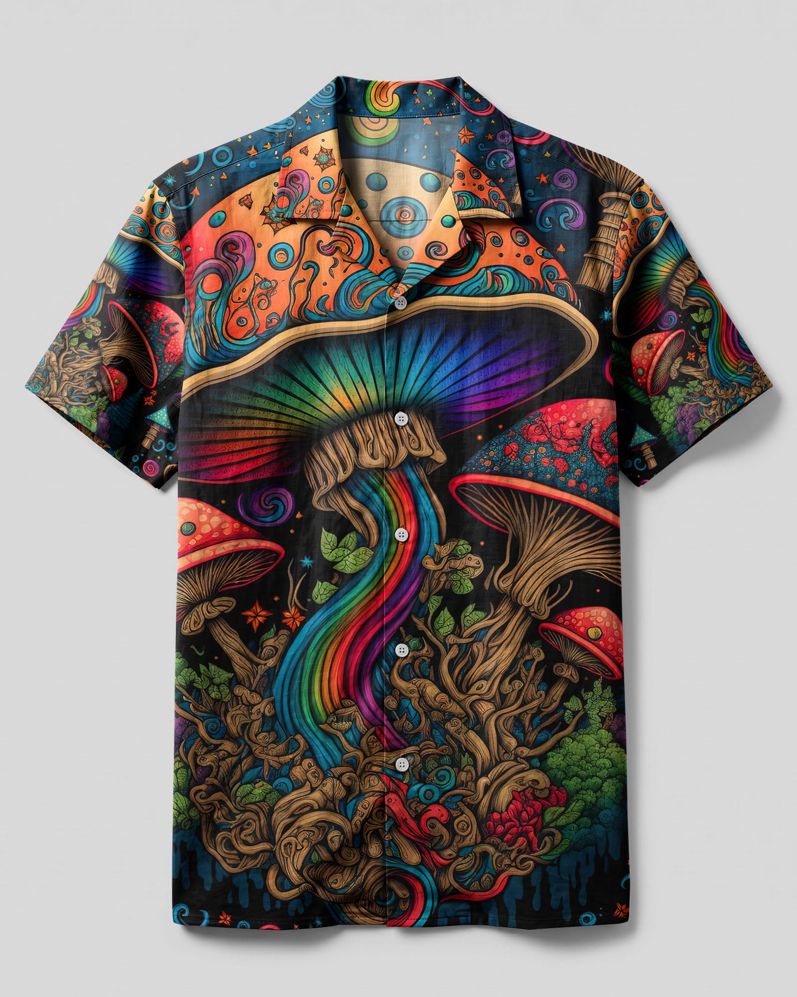 Mushrooms See The Universe Camp Shirt Front view of the mushrooms see the universe camp shirt, featuring vibrant colors and psychedelic mushroom designs.
