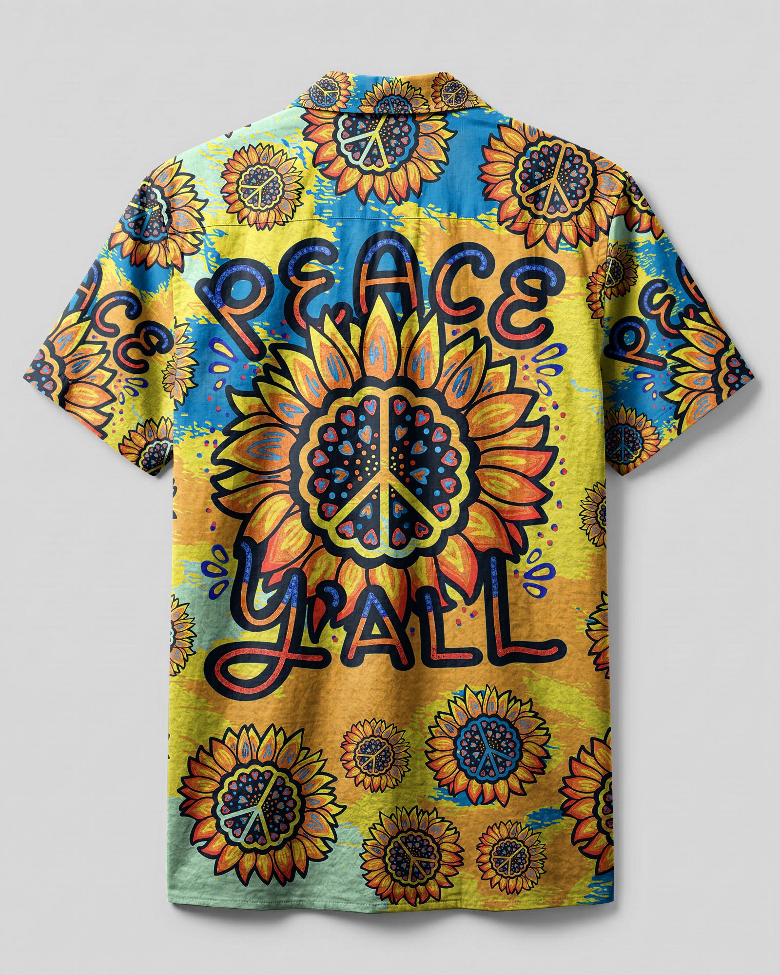 Peace Y'All Tie Dye Hawaiian Shirt Back view of the peace y'all tie dye camp shirt showcasing the colorful sunflower pattern with a bright yellow background.