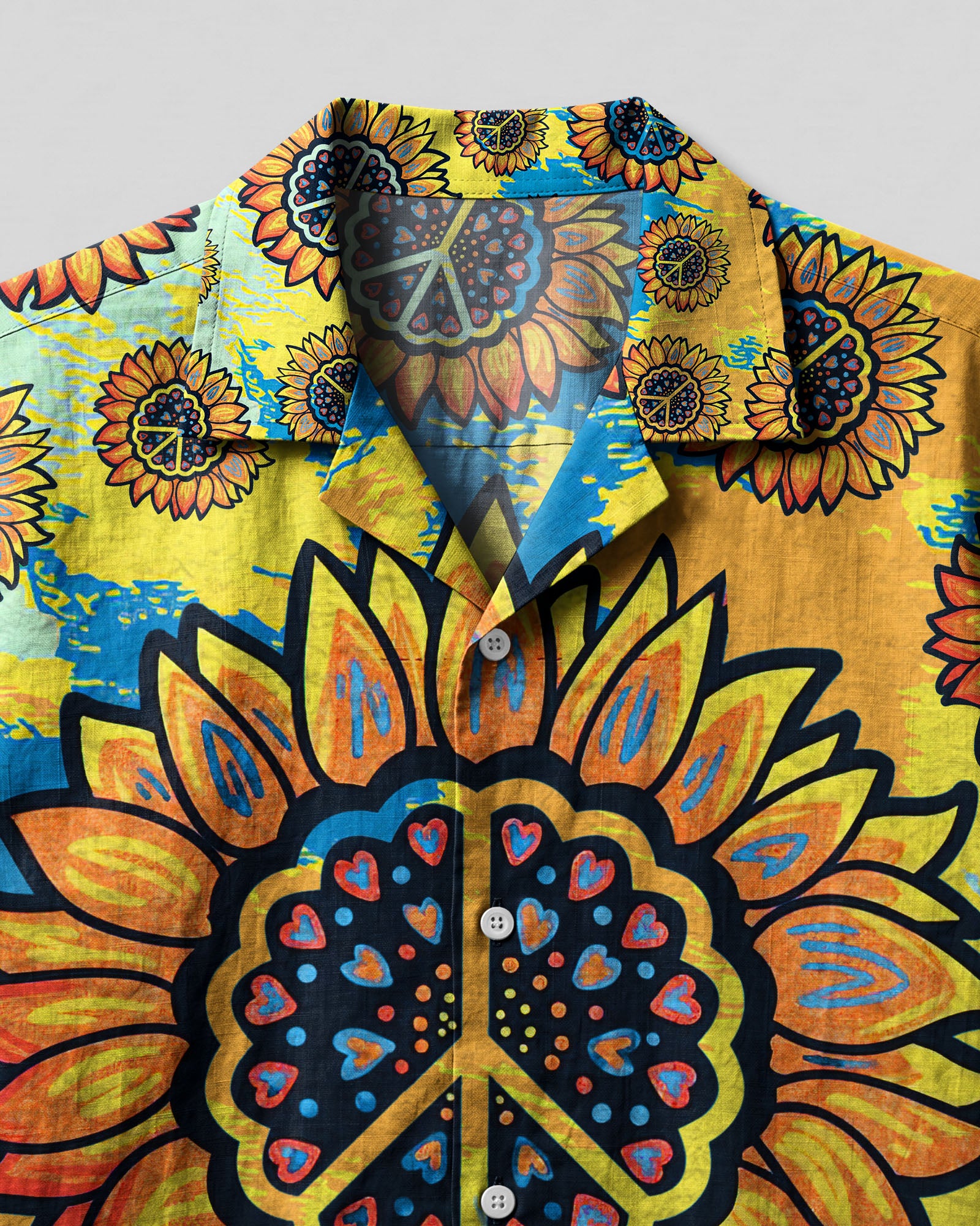 Peace Y'All Tie Dye Hawaiian Shirt Close-up detail of the peace y'all tie dye camp shirt highlighting the intricate peace sign design amid cheerful sunflowers.