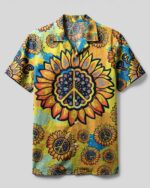 Front view of the peace y'all tie dye camp shirt featuring vibrant sunflowers and peace signs in yellow and blue.