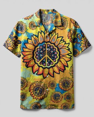 Front view of the peace y'all tie dye camp shirt featuring vibrant sunflowers and peace signs in yellow and blue.