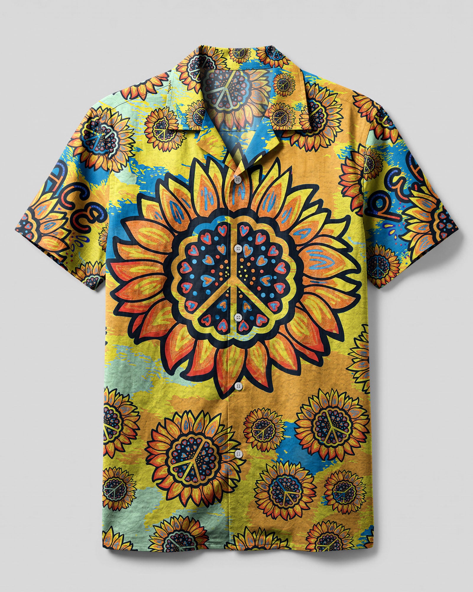 Peace Y'All Tie Dye Hawaiian Shirt Front view of the peace y'all tie dye camp shirt featuring vibrant sunflowers and peace signs in yellow and blue.