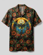 Front view of the Hello Darkness My Old Friend Dragonfly Camp Shirt showcasing vibrant floral designs on a black background.