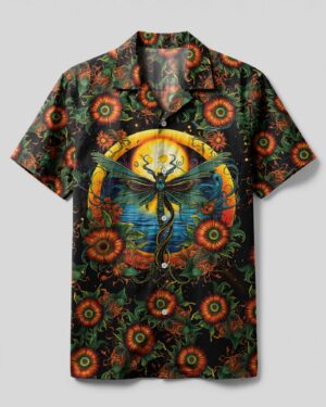 Front view of the Hello Darkness My Old Friend Dragonfly Camp Shirt showcasing vibrant floral designs on a black background.