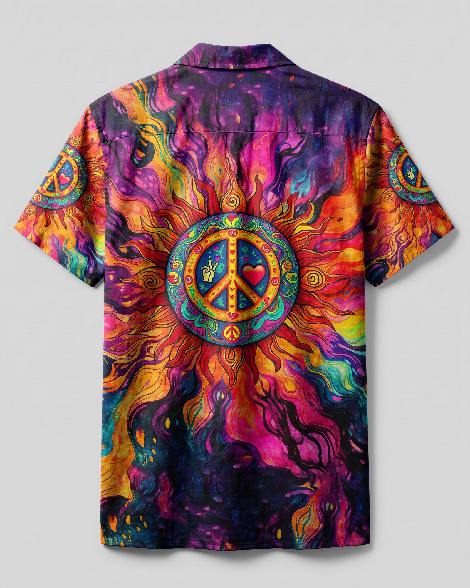 Peace Symbol Hippie Sun Camp Shirt Back view of the colorful peace symbol hippie sun camp shirt showcasing intricate patterns and bright hues.