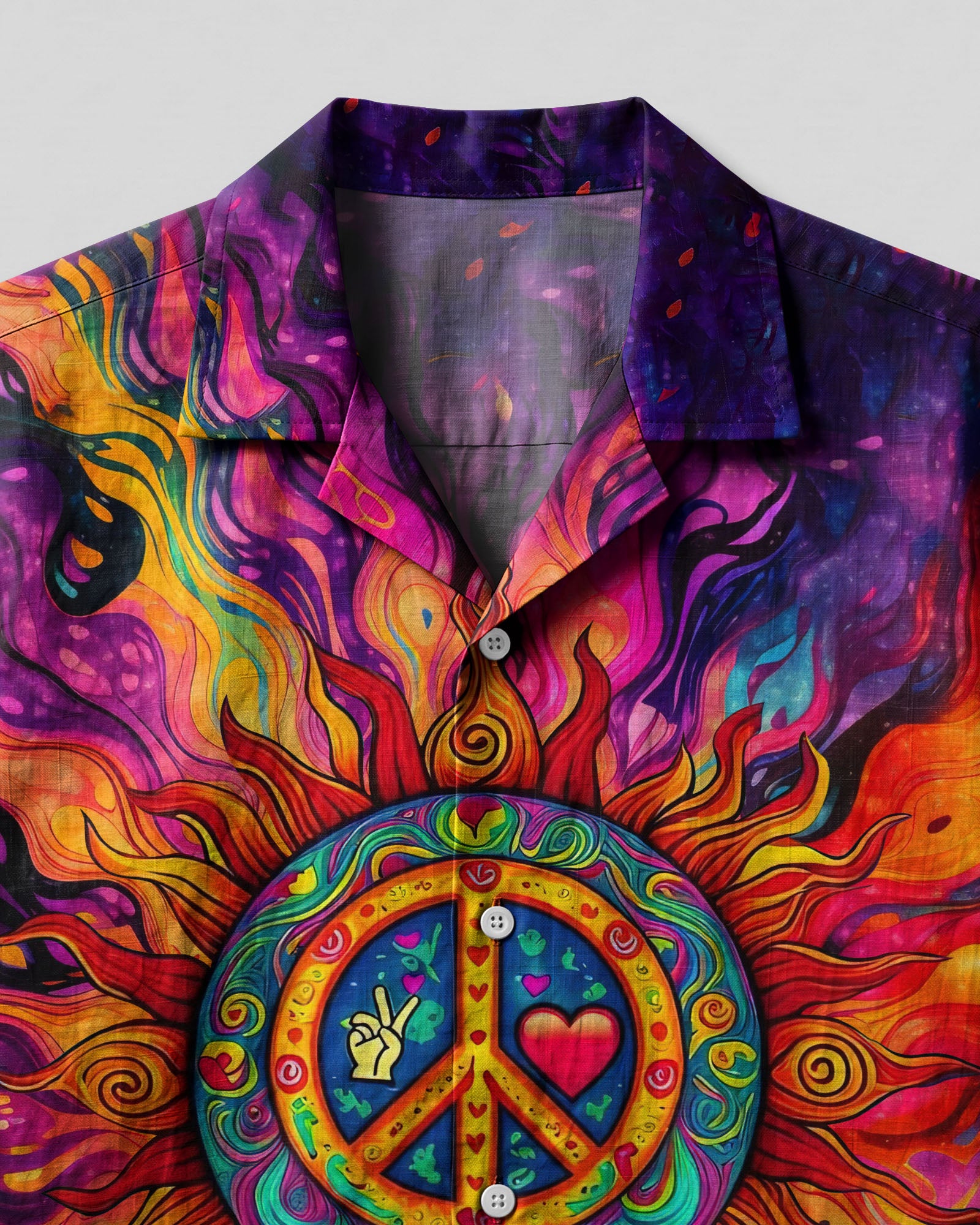 Peace Symbol Hippie Sun Camp Shirt Close-up detail of the peace symbol hippie sun camp shirt highlighting the artistic sun and peace emblem.