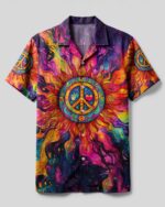 Front view of the peace symbol hippie sun camp shirt featuring vibrant colors and bold sun design.