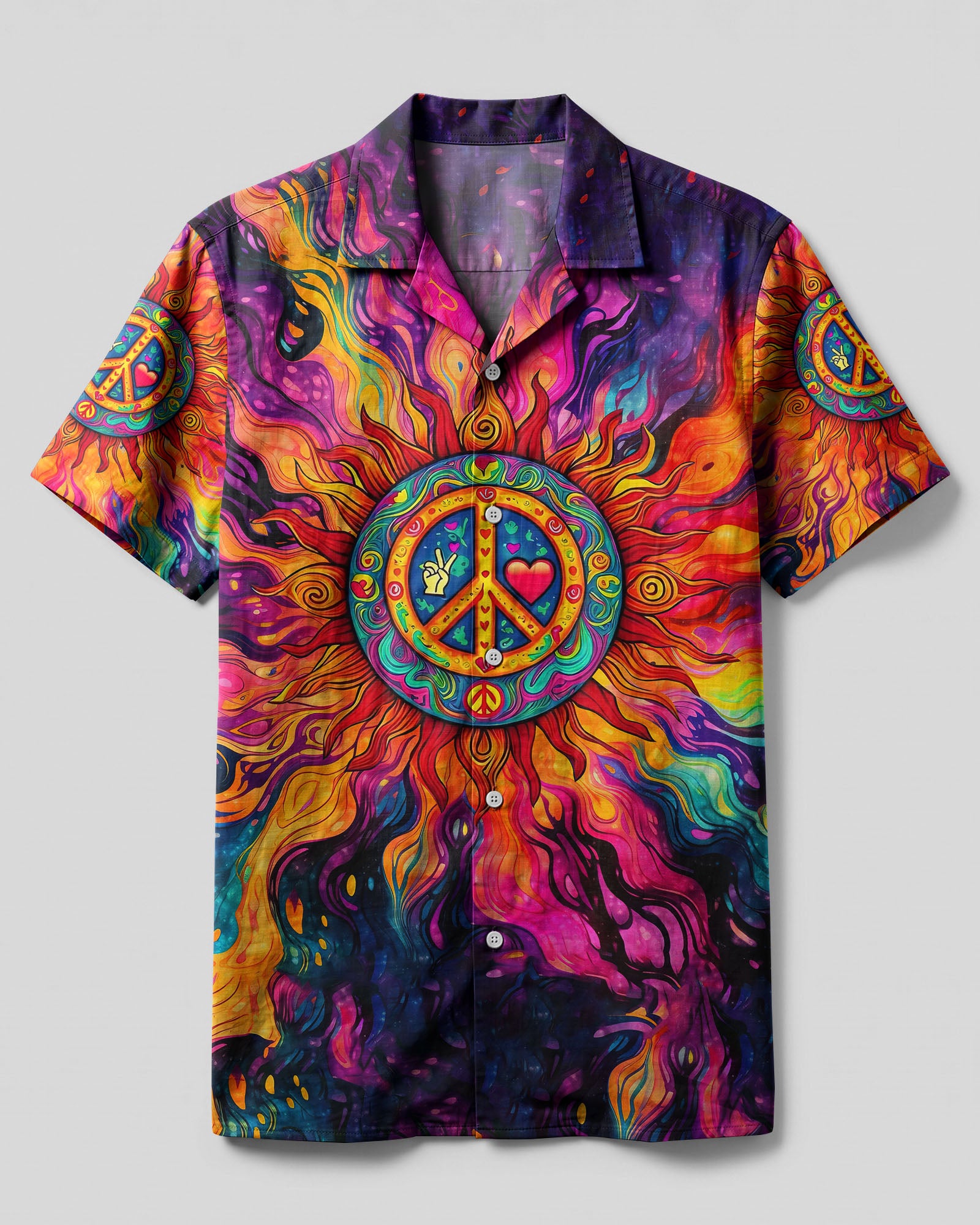 Peace Symbol Hippie Sun Camp Shirt Front view of the peace symbol hippie sun camp shirt featuring vibrant colors and bold sun design.