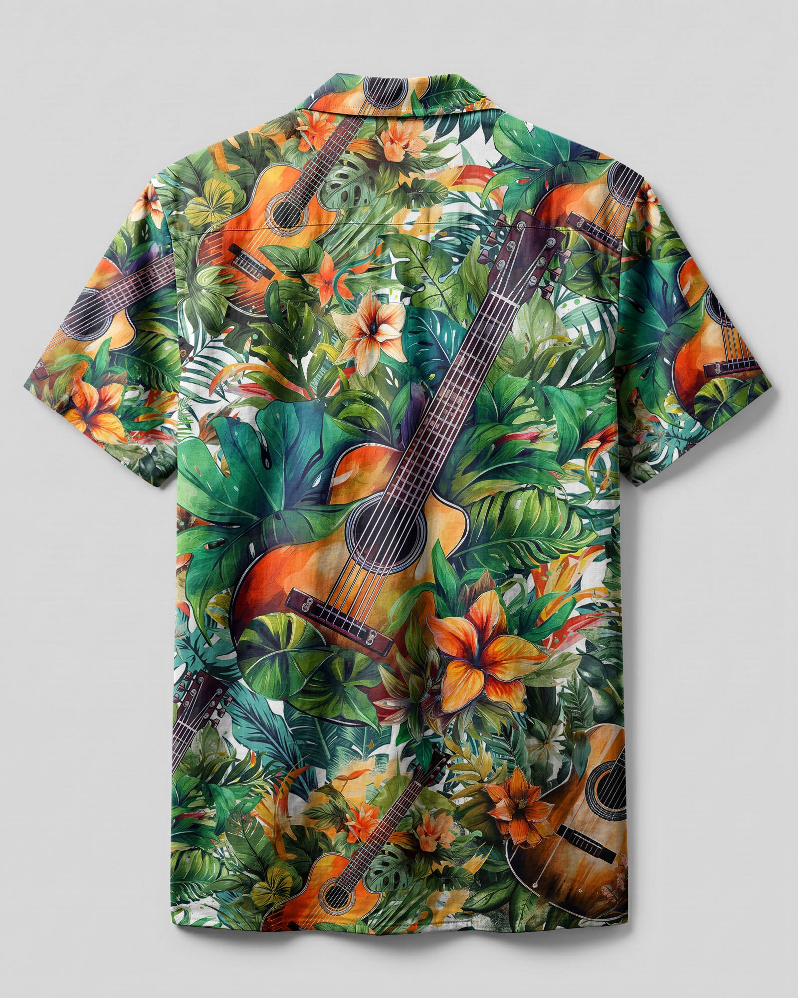 Guitar Tropical Camp Shirt Back view of the guitar tropical camp shirt showcasing the lush floral and guitar pattern.