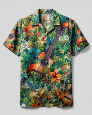 Front view of the guitar tropical camp shirt featuring vibrant colors and tropical guitar designs.