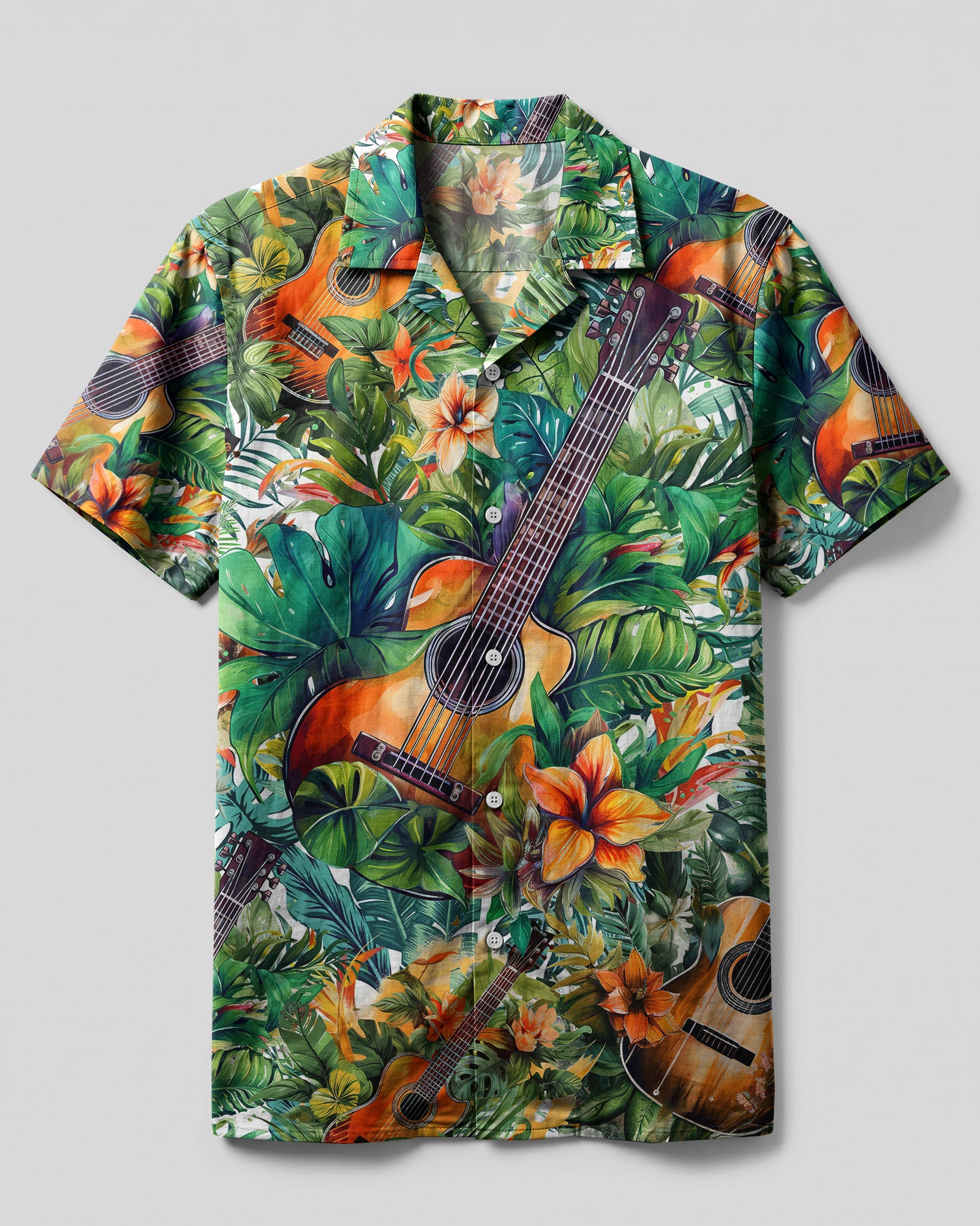 Guitar Tropical Camp Shirt Front view of the guitar tropical camp shirt featuring vibrant colors and tropical guitar designs.