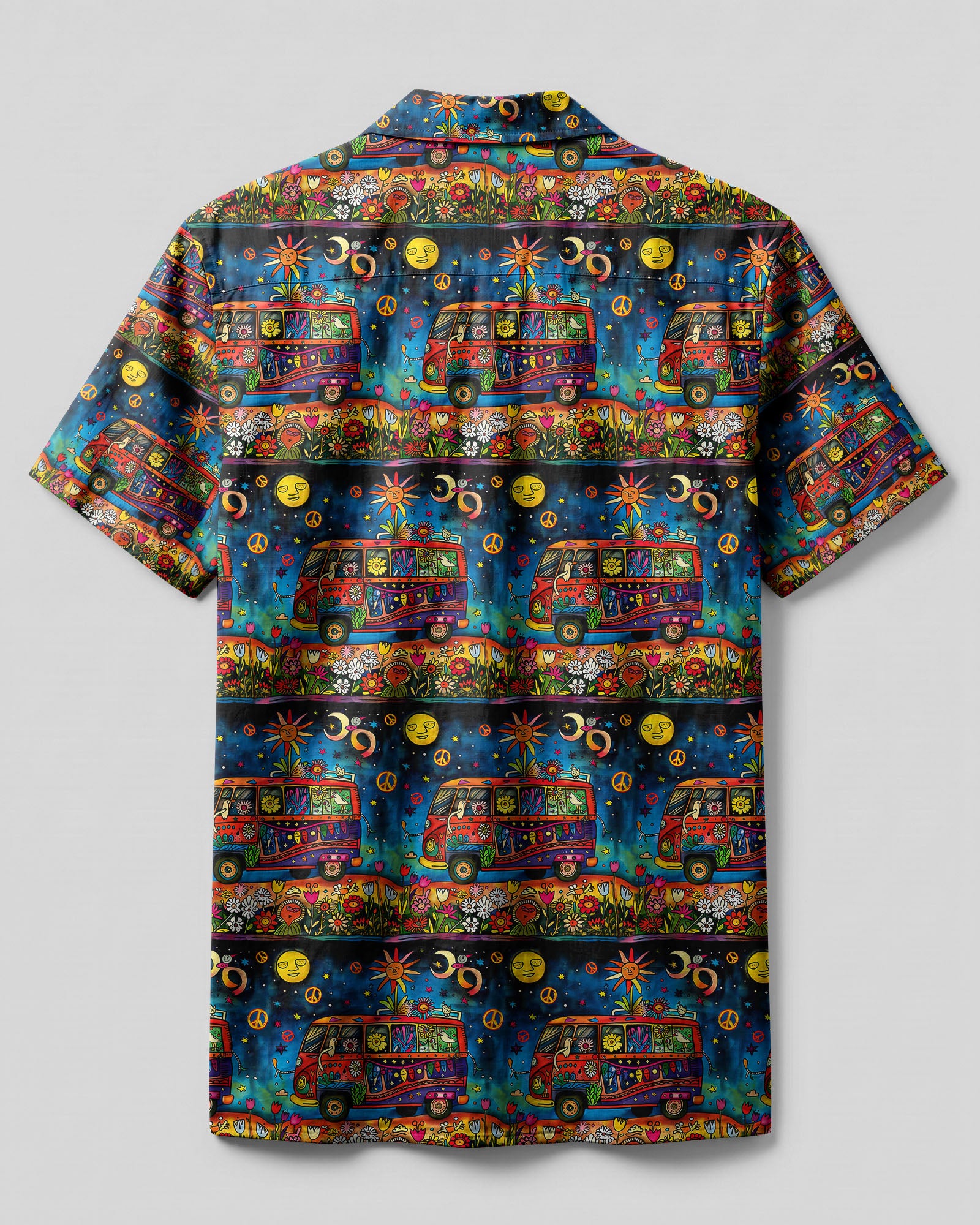 Hippie Bus Flower Camp Shirt Back view showcasing the full pattern of the hippie bus flower camp shirt with a colorful, retro vibe.