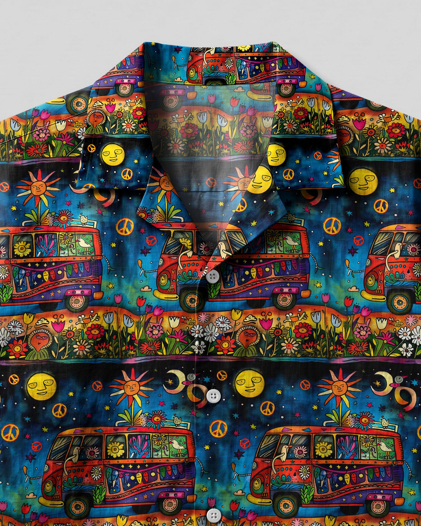 Hippie Bus Flower Camp Shirt Close-up detail of the fabric on the hippie bus flower camp shirt highlighting the vivid prints and textures.