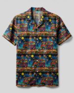 Front view of the hippie bus flower camp shirt featuring vibrant colors and intricate floral designs.