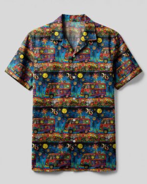 Front view of the hippie bus flower camp shirt featuring vibrant colors and intricate floral designs.