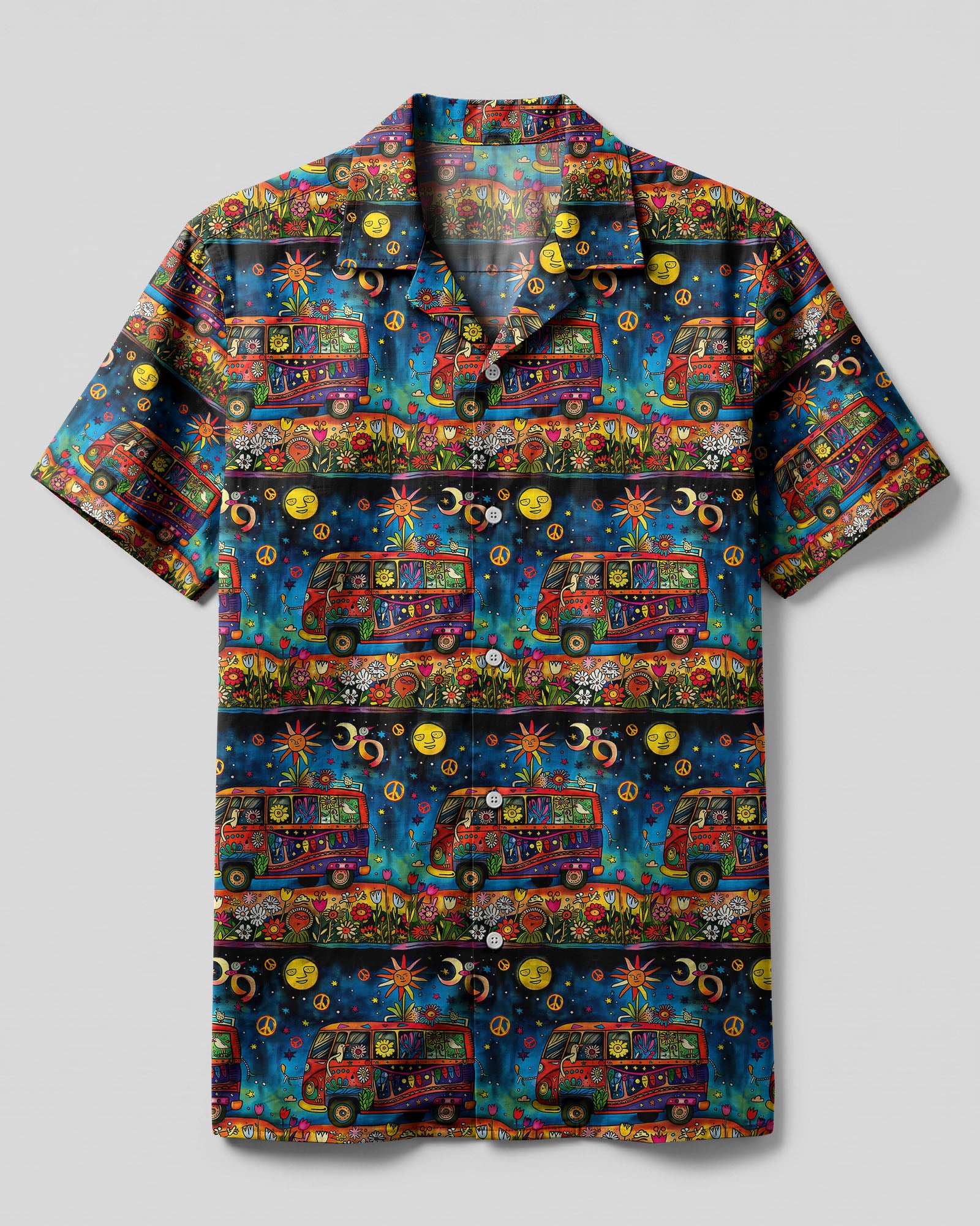 Hippie Bus Flower Camp Shirt Front view of the hippie bus flower camp shirt featuring vibrant colors and intricate floral designs.