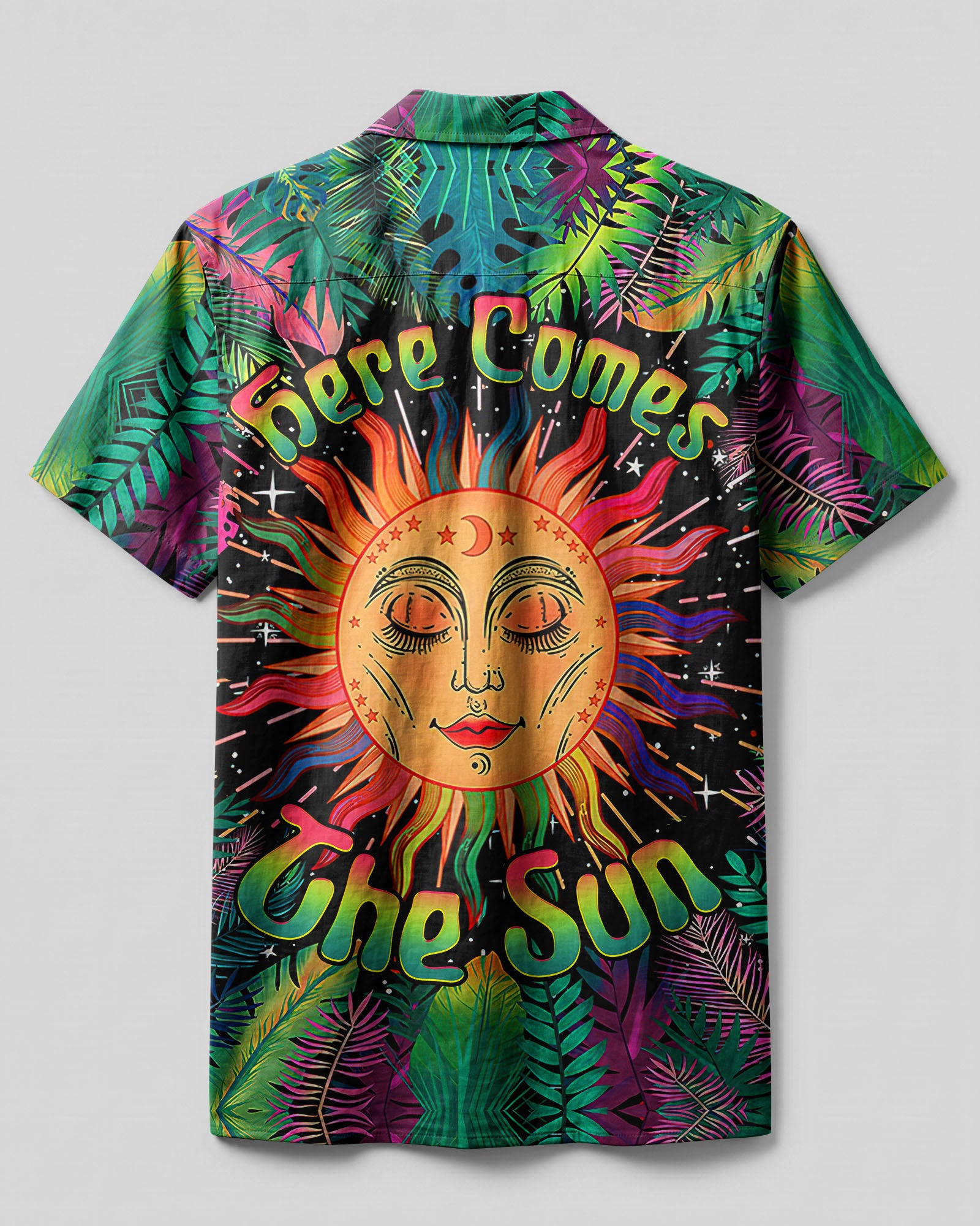 Here Comes The Sun Tropical Camp Shirt Back view of the Here Comes The Sun tropical camp shirt showcasing the colorful design with a black background.