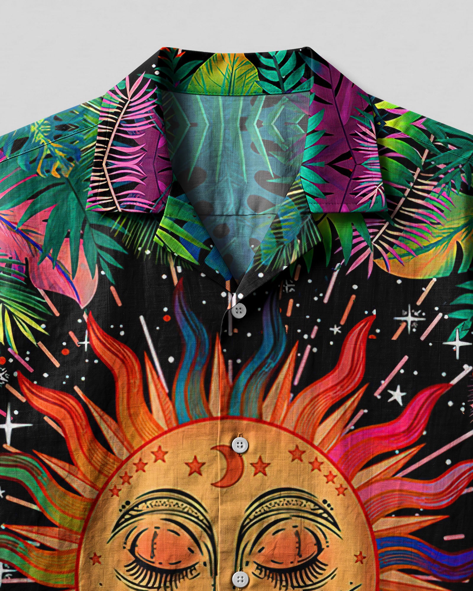 Here Comes The Sun Tropical Camp Shirt Detailed close-up of the Here Comes The Sun tropical camp shirt highlighting the intricate sun and tropical leaf designs.