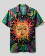 Front view of the Here Comes The Sun tropical camp shirt featuring vibrant sun and leaf patterns.