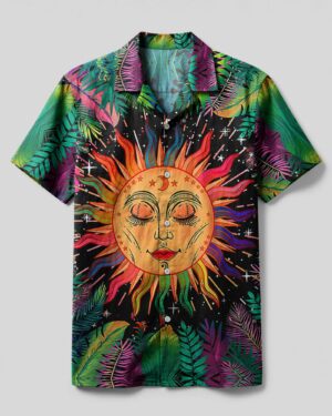 Front view of the Here Comes The Sun tropical camp shirt featuring vibrant sun and leaf patterns.