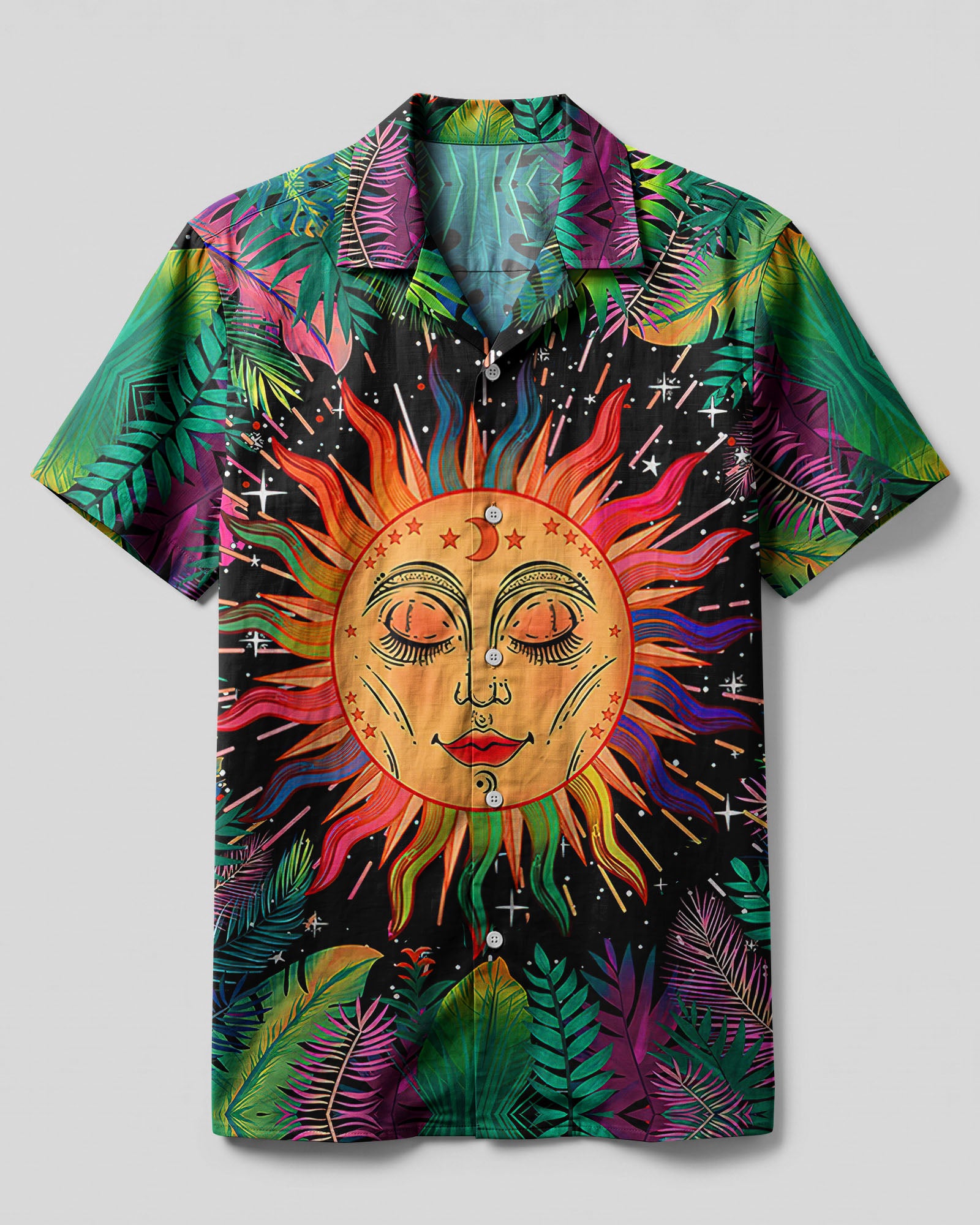 Here Comes The Sun Tropical Camp Shirt Front view of the Here Comes The Sun tropical camp shirt featuring vibrant sun and leaf patterns.