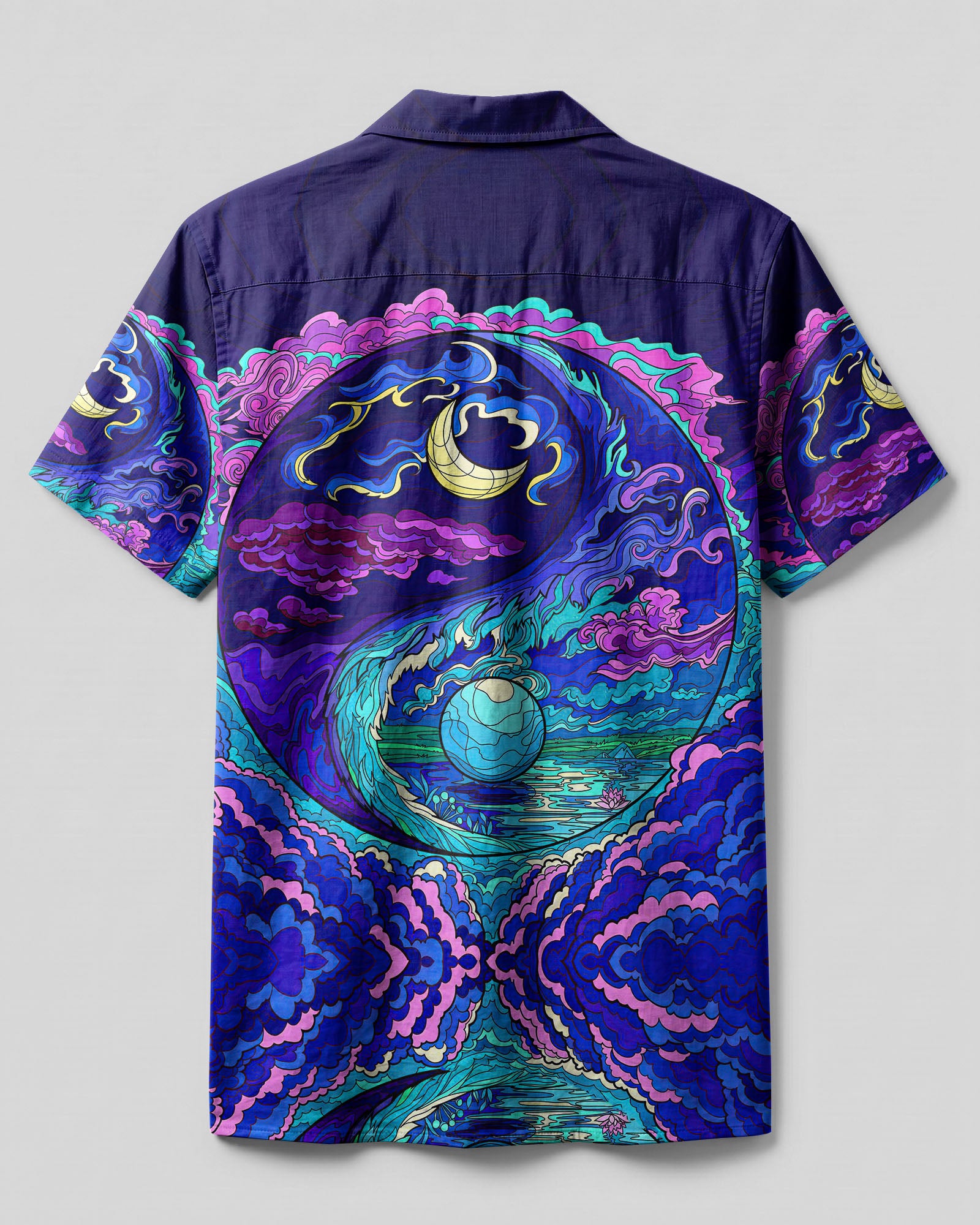 Yin Yang Moon and Sun Psychedelic Hawaiian Shirt Back view showcasing the intricate yin yang moon and sun psychedelic camp shirt with swirling cloud patterns.