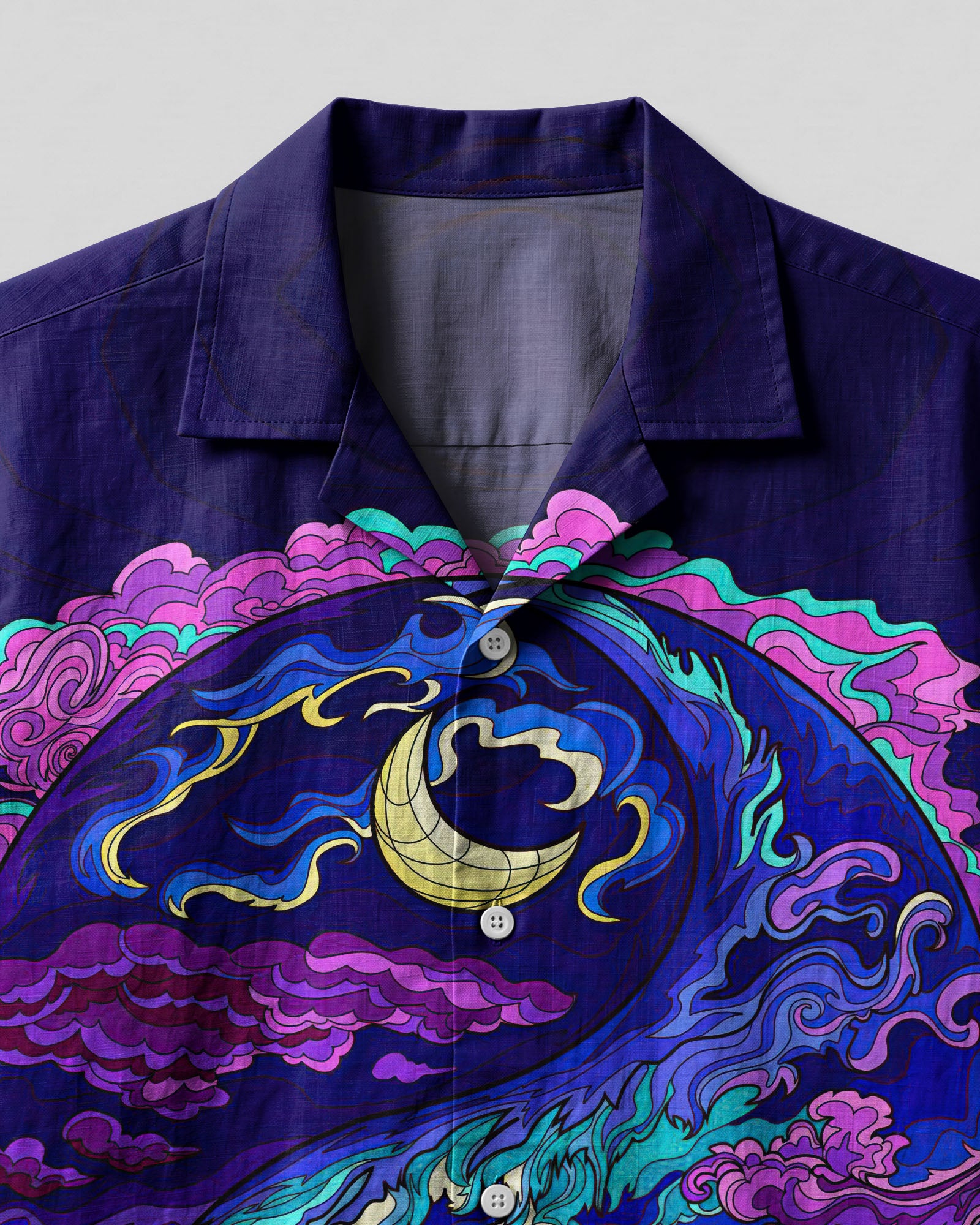 Yin Yang Moon and Sun Psychedelic Hawaiian Shirt Close-up detail of the fabric on the yin yang moon and sun psychedelic camp shirt highlighting vivid colors and designs.