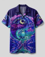 Front view of the yin yang moon and sun psychedelic camp shirt featuring vibrant purple and teal designs.