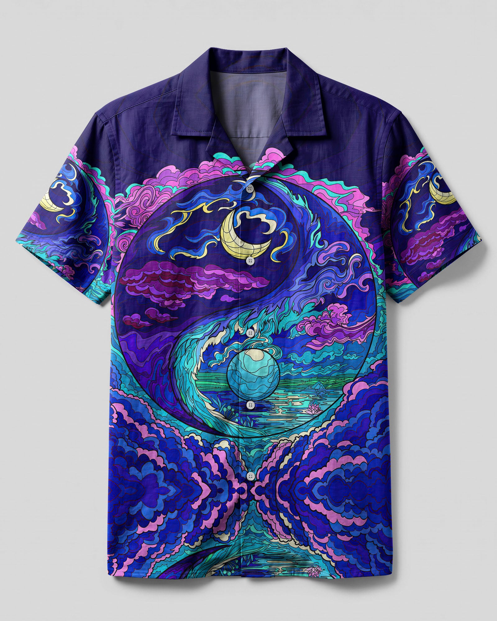 Yin Yang Moon and Sun Psychedelic Hawaiian Shirt Front view of the yin yang moon and sun psychedelic camp shirt featuring vibrant purple and teal designs.