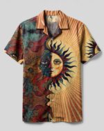 Front view of the celestial beauty camp shirt featuring vibrant sun and moon designs in earthy tones.