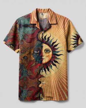 Front view of the celestial beauty camp shirt featuring vibrant sun and moon designs in earthy tones.