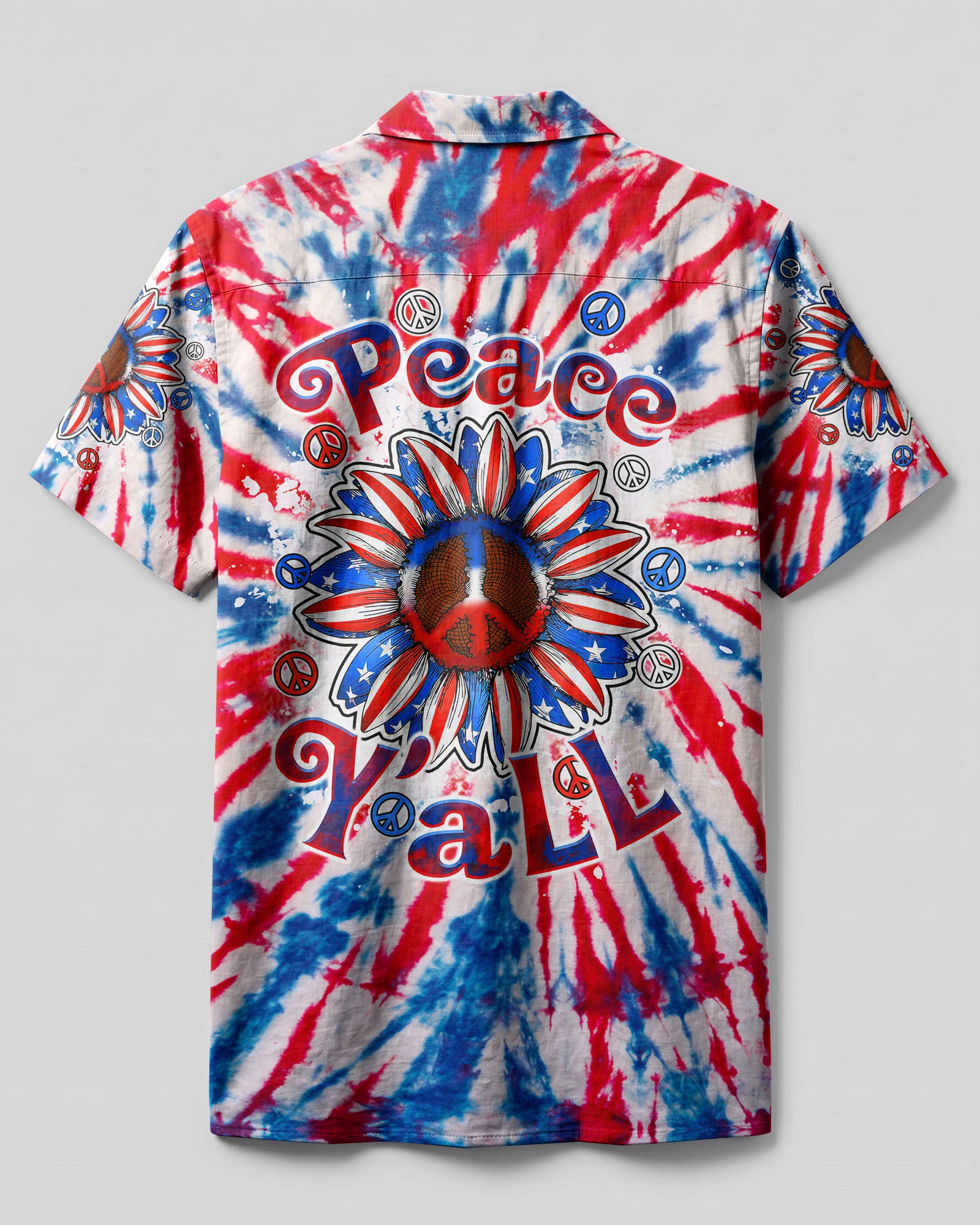 Peace Y'All Sunflower America Tie Dye Camp Shirt Back view of the peace y'all sunflower america tie dye camp shirt showcasing its unique tie dye pattern.
